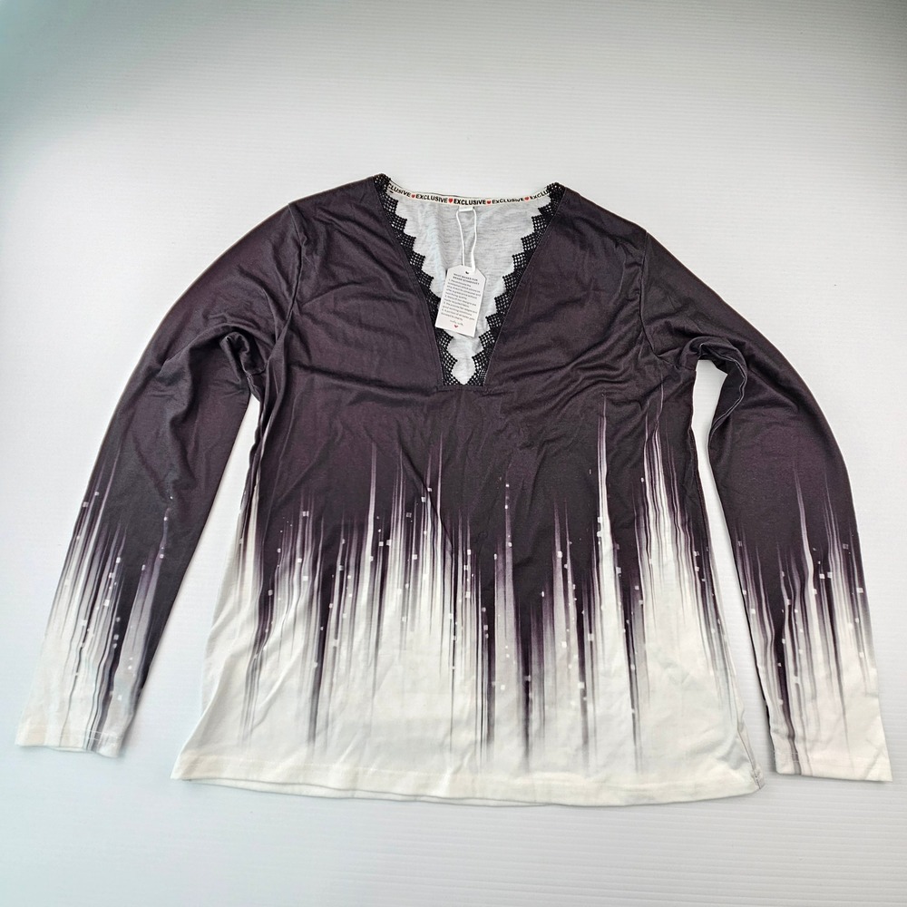 Exclusive Black White Ombre Glitch Print Lace V-Neck Long Sleeve Top Large NWT